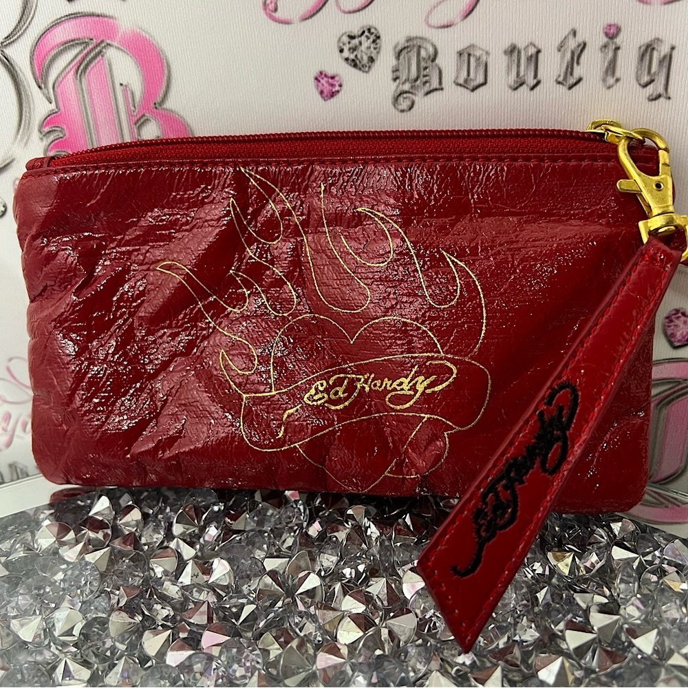 Ed hardy bag wristlet pouch red logo print interior tattoo brand don ed hardy